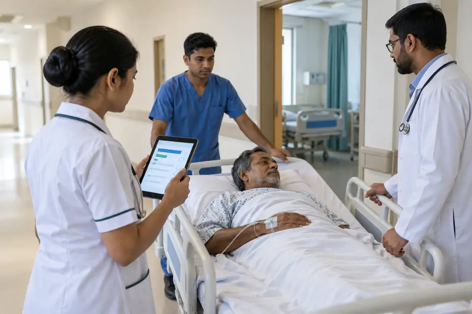 Hospital staff checking bedside information against a tablet.
