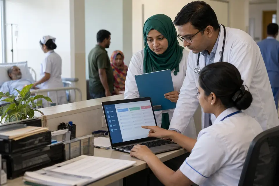 Hospital staff checking admission and service records on a computer.