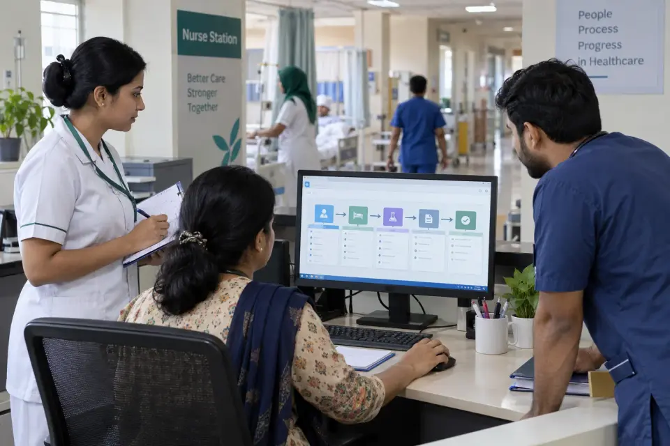 At a hospital nurse station, administrative staff view a neutral department workflow on a front-facing monitor while coordinating a ward handoff; no patient records.