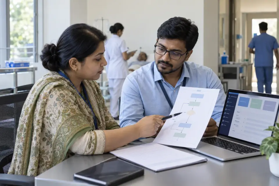 Hospital manager and specialist planning the management workflow