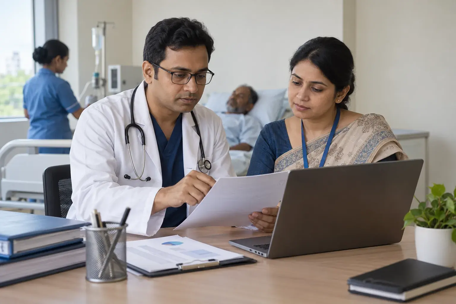 Clinician and manager verifying a private hospital record