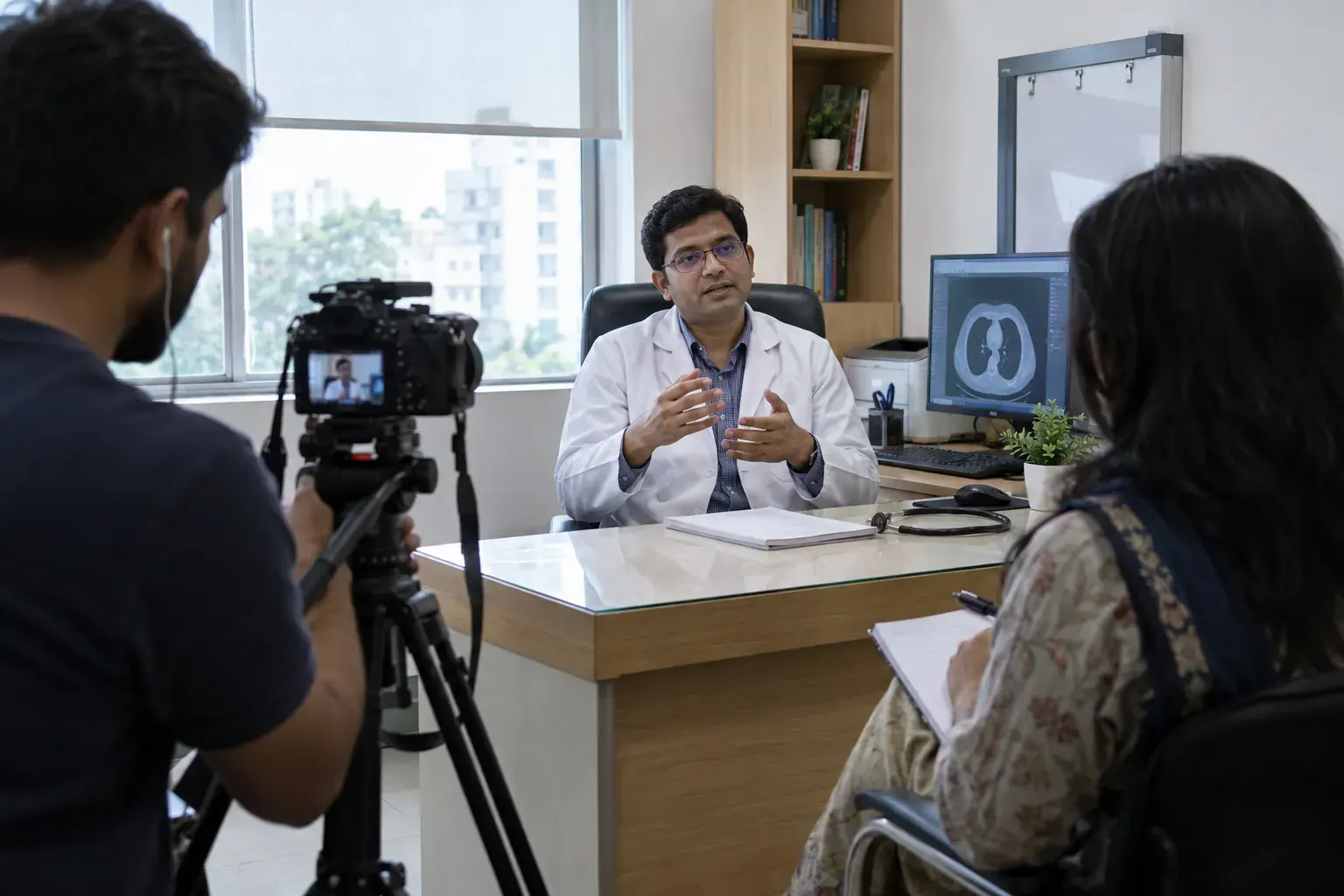 Hospital clinician speaking on camera with a video team in a consultation room
