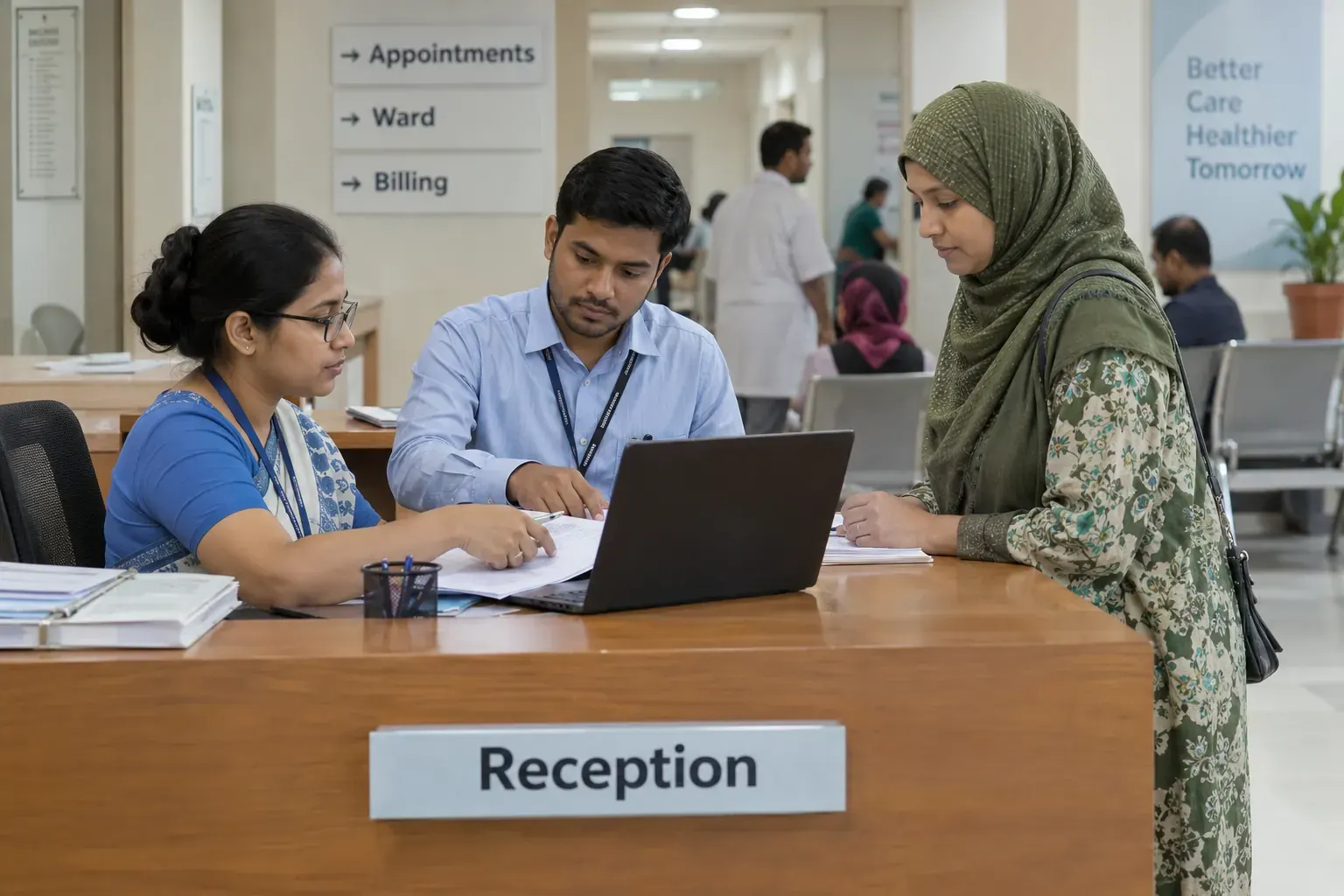 Hospital reception staff reviewing registration details with a patient