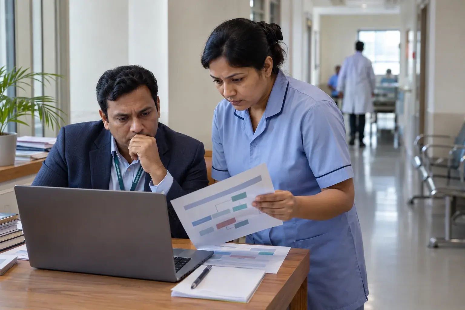 Hospital manager and staff comparing search information with records
