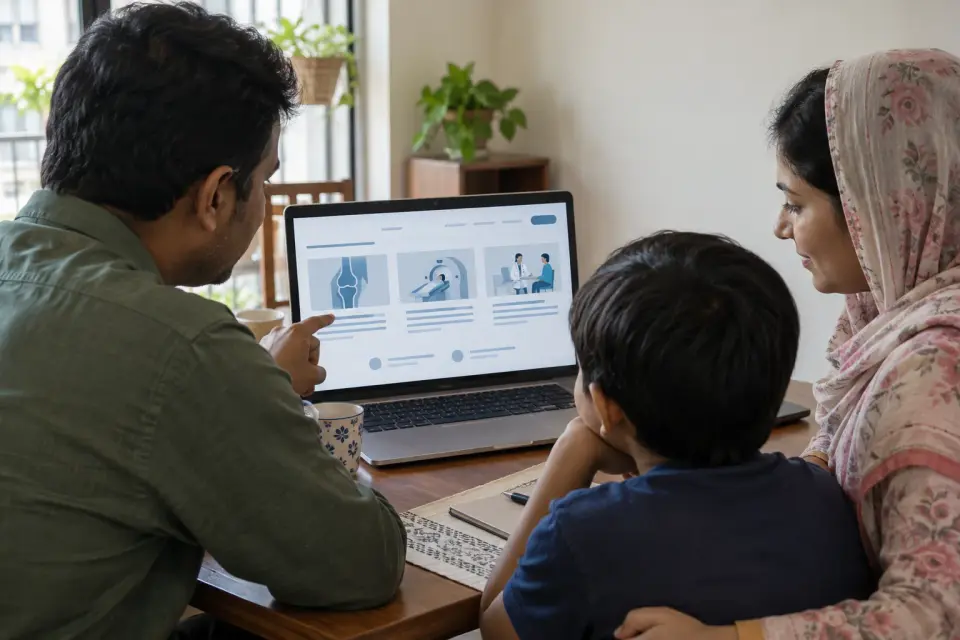 Family exploring hospital services on a laptop at home.