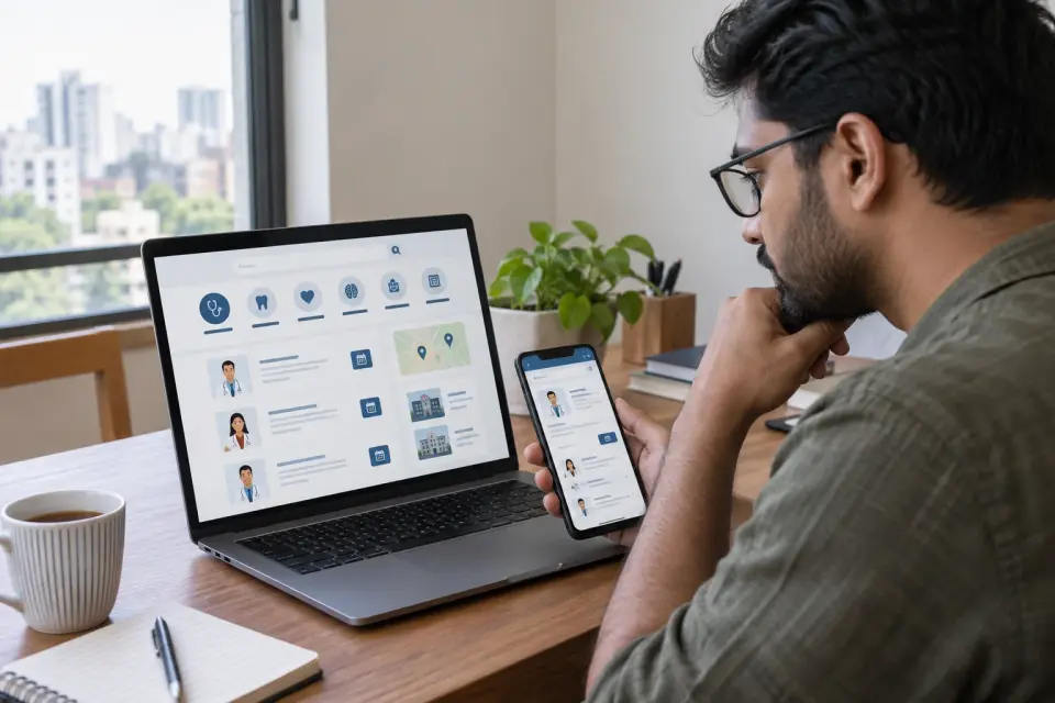 Man looking up hospital specialists on a laptop and phone at home.
