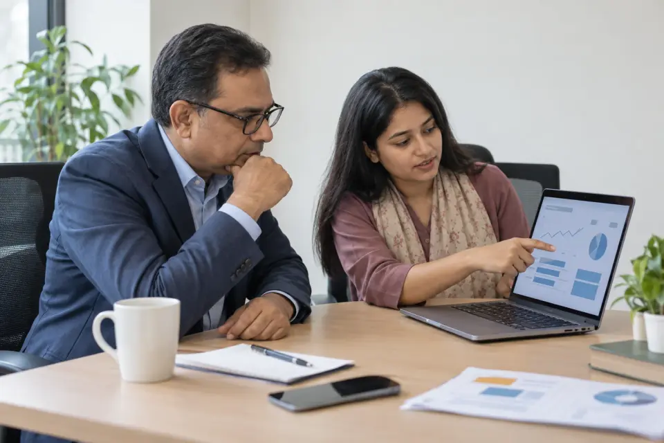 Hospital owner and specialist reviewing an organic search report