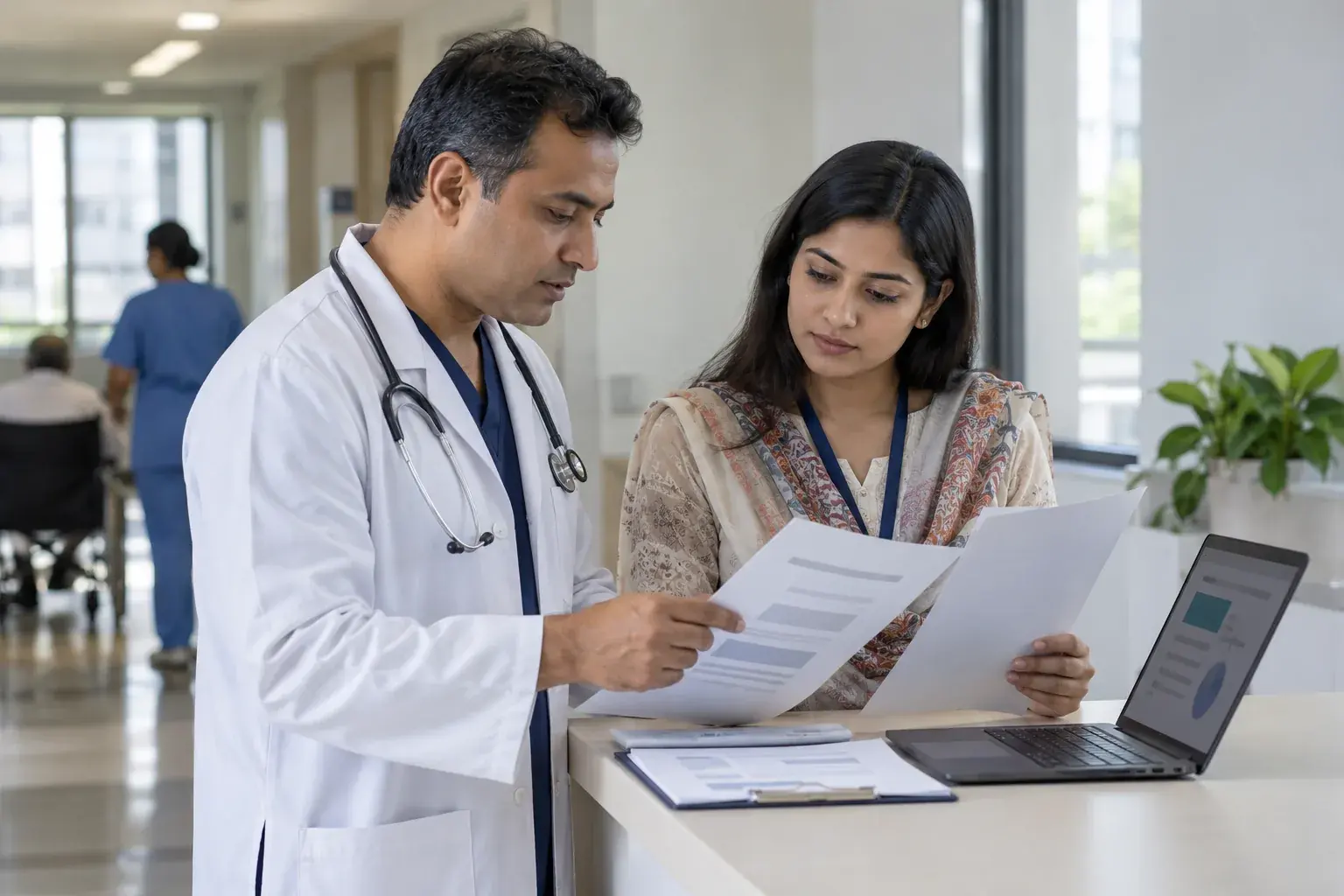 Clinician and manager verifying hospital service information