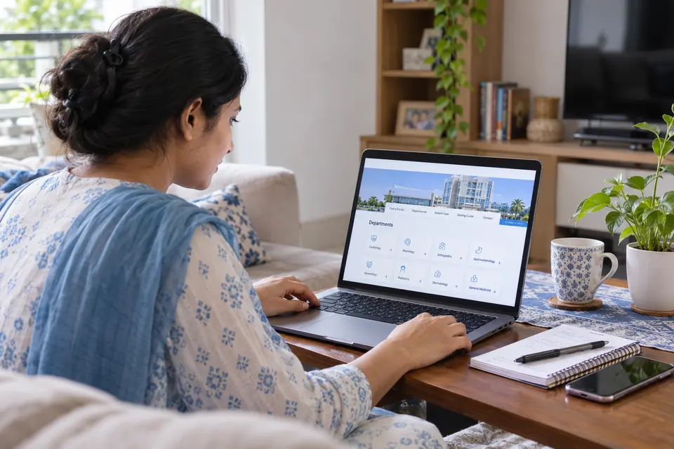 Caregiver researching hospital departments from home.