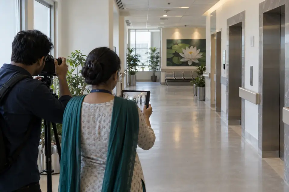Content team photographing a hospital corridor for its public information pages