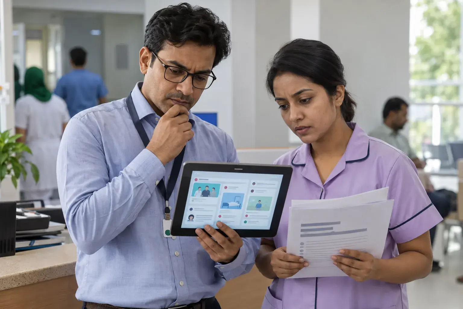 Hospital manager and staff checking social media information