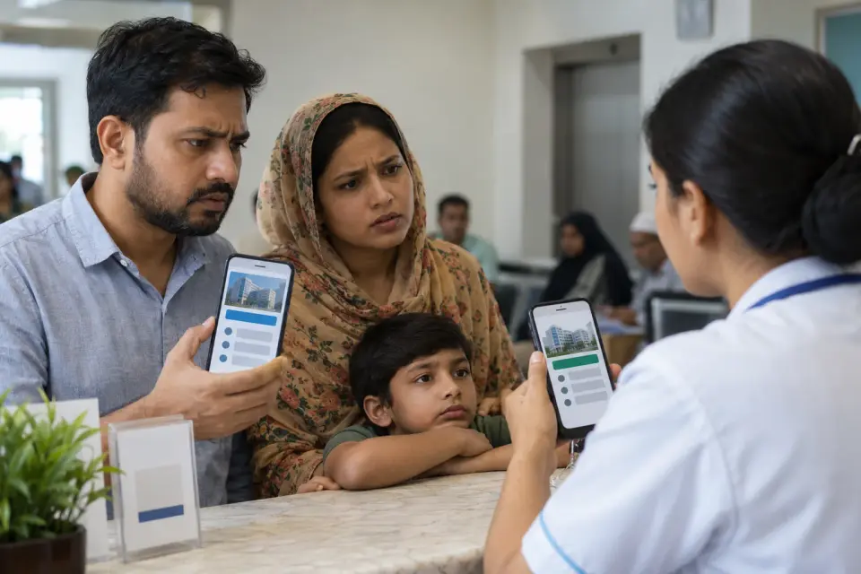 Family asking reception about hospital information seen on phones