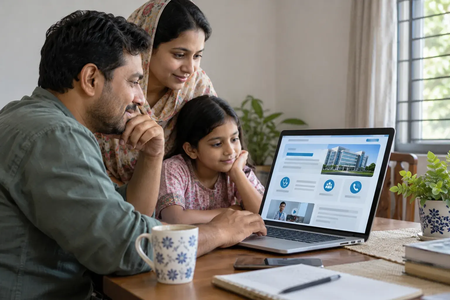 Family looking up hospital information online from home