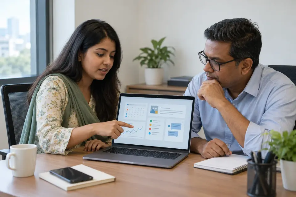 Hospital manager and specialist reviewing social media results