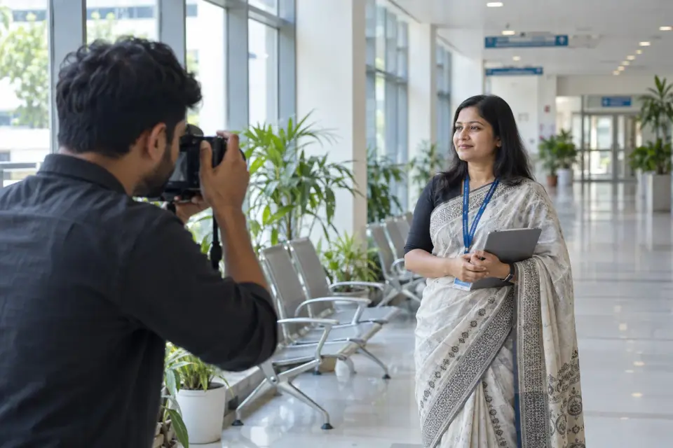 A hospital communications photographer documents a bright public waiting corridor with an administrator.