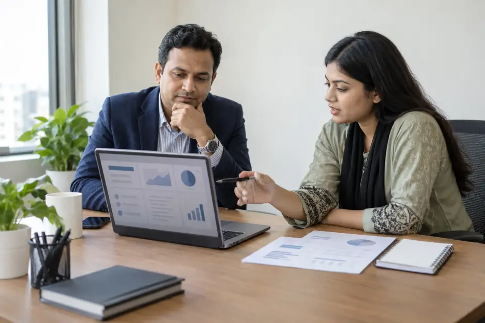 Hospital manager and marketer planning social media content