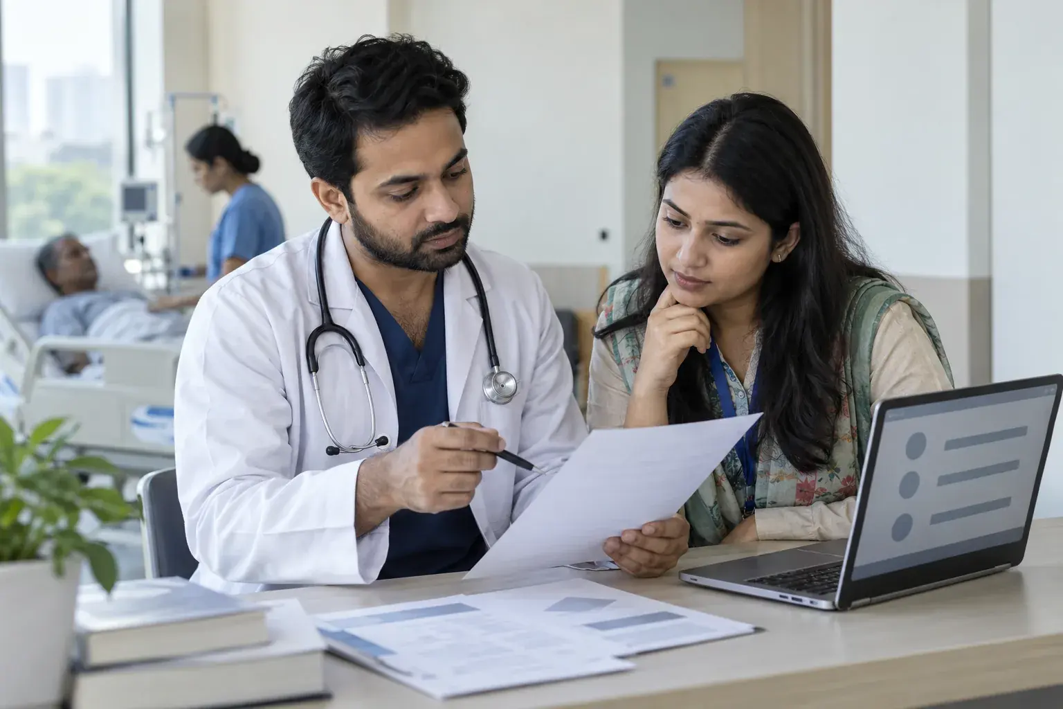 Clinician and specialist verifying a hospital social post