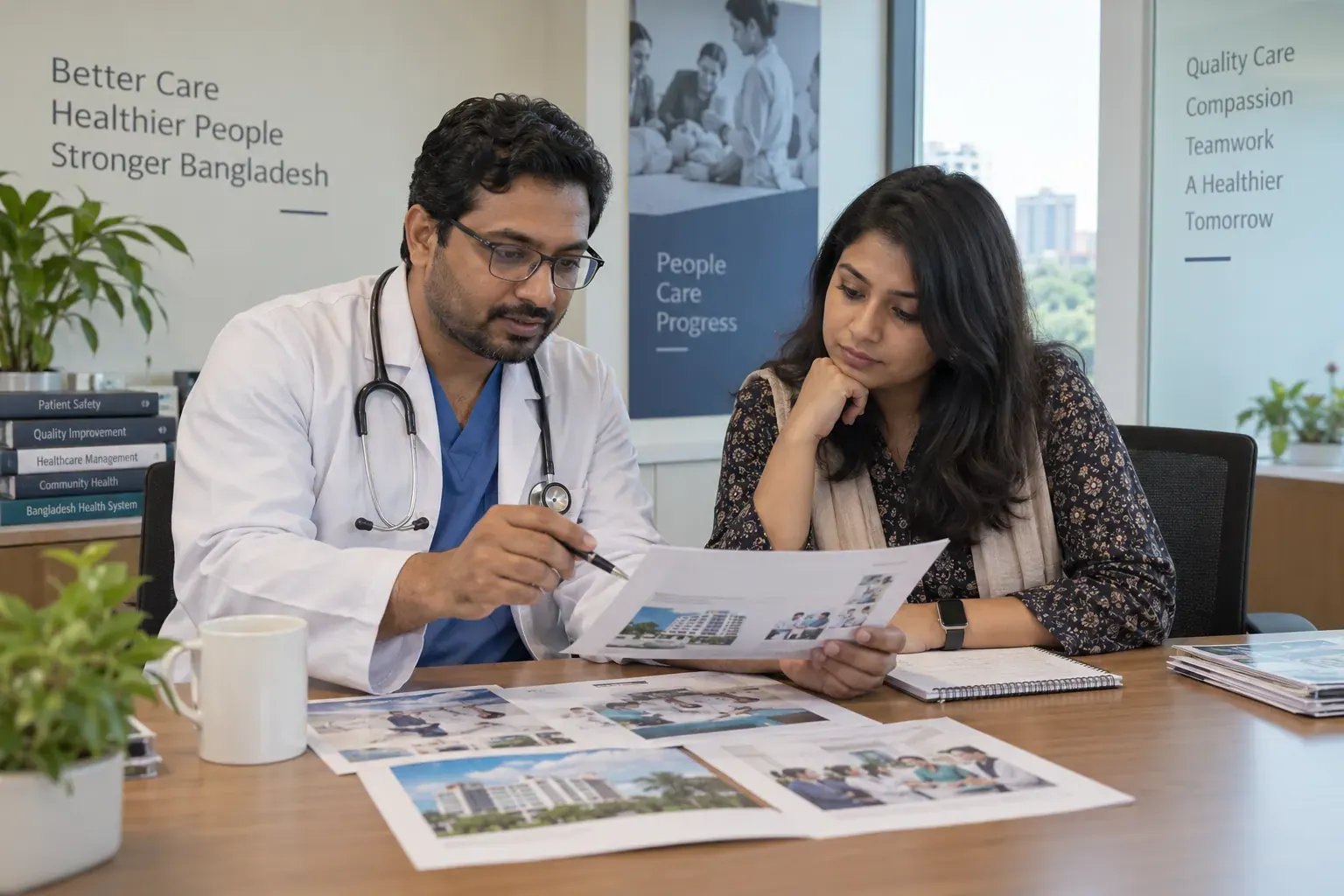 Hospital and healthcare content specialist reviewing educational material in a chamber