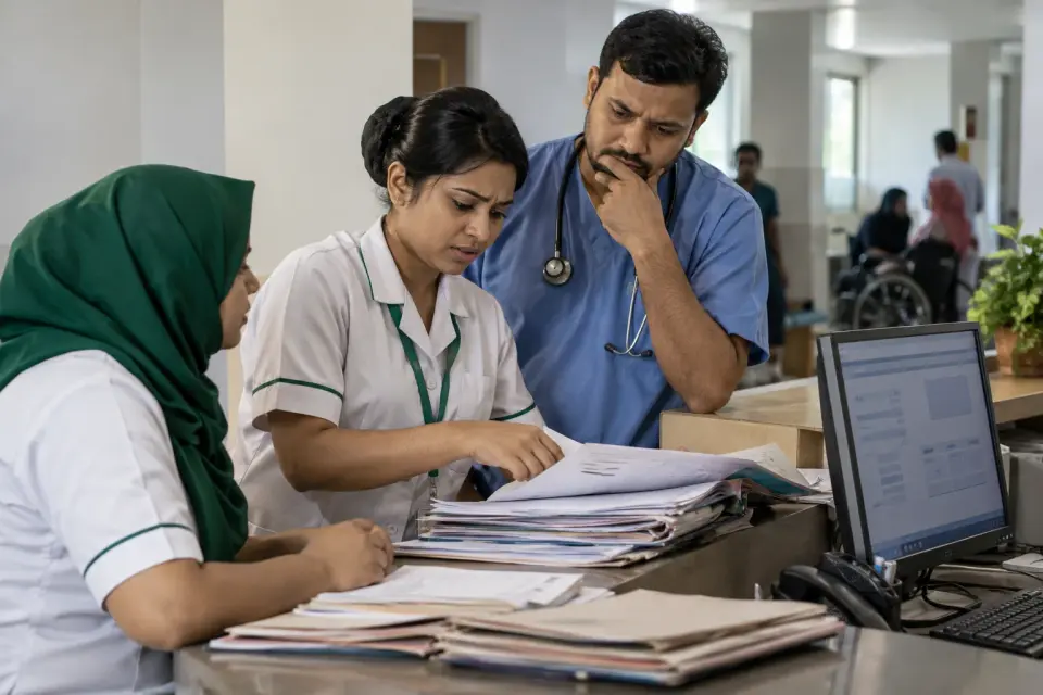 Hospital team comparing paper service records with a website draft.