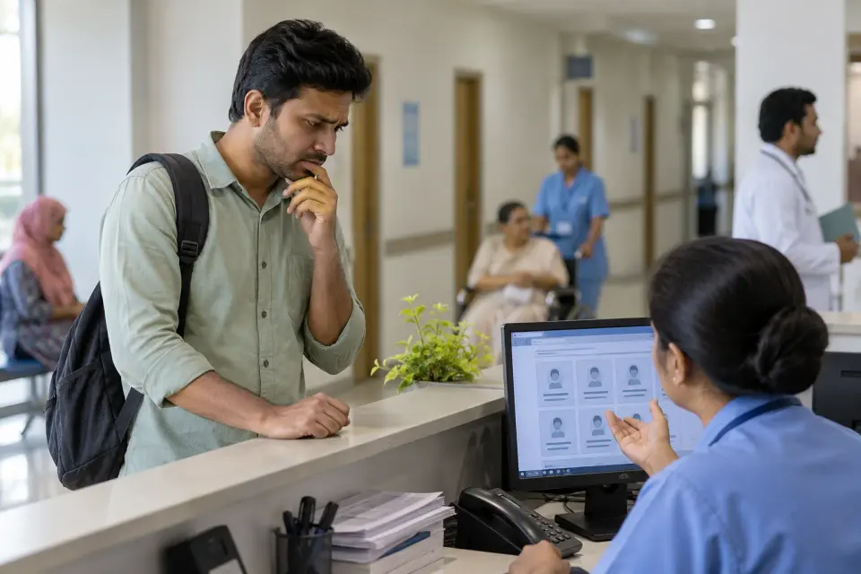Receptionist helping a visitor locate hospital services online.