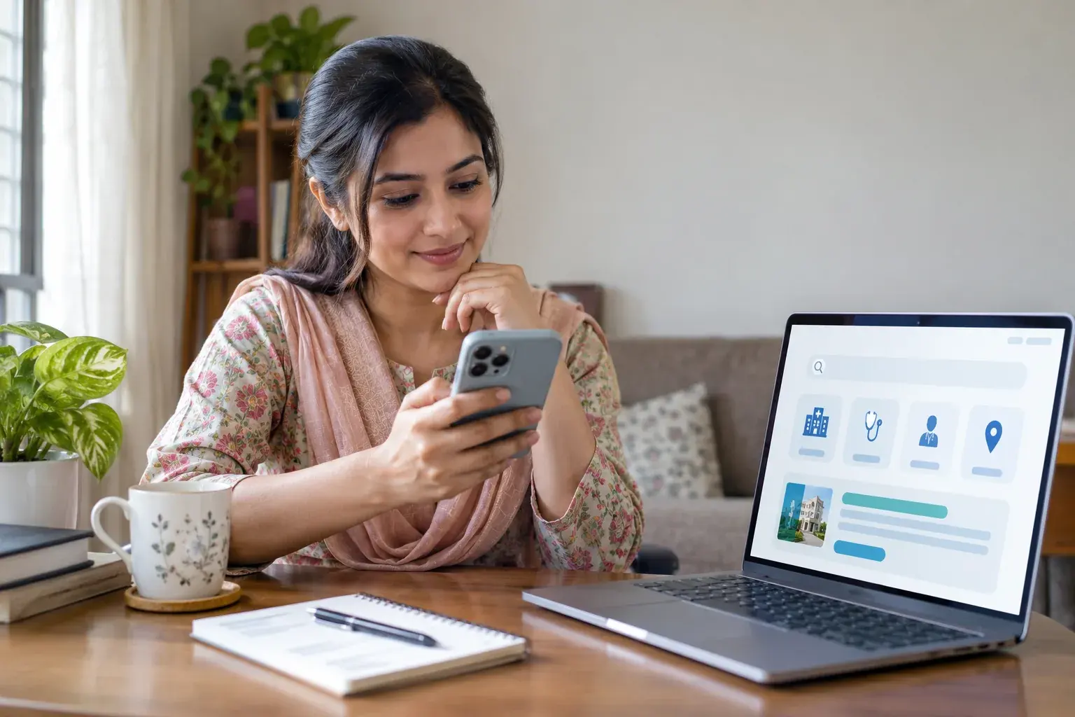 Woman checking hospital information on her phone at home