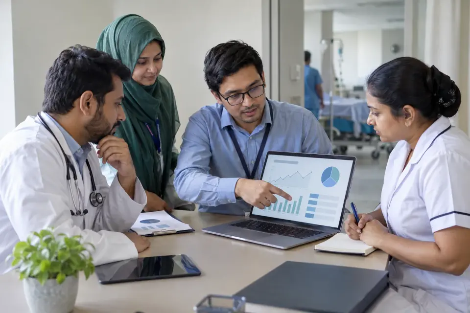 Hospital team reviewing a website report at the facility