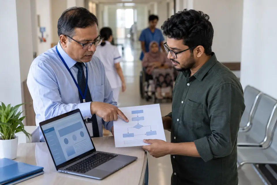 Hospital manager and specialist planning a website structure.