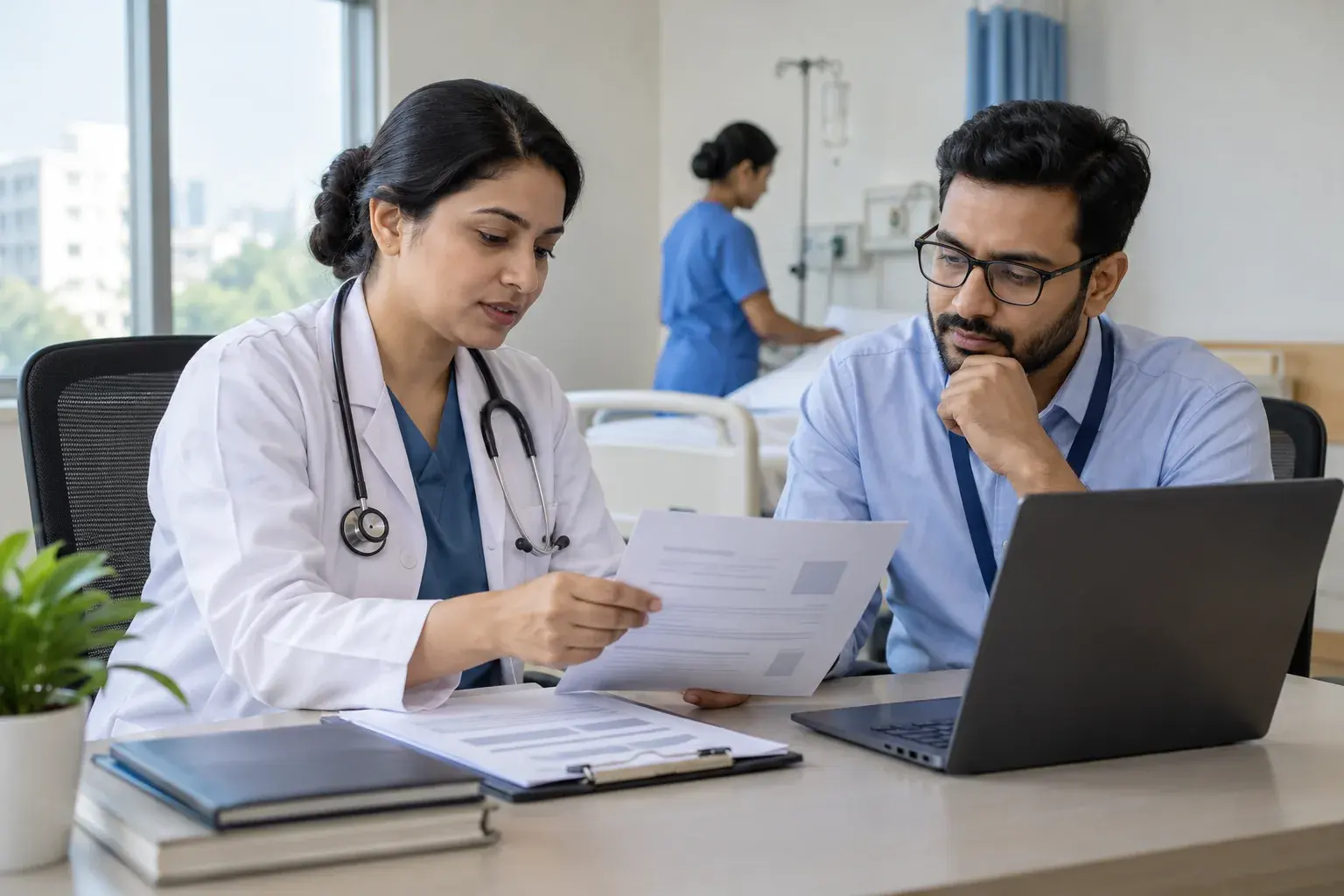 Clinician and manager verifying hospital website information
