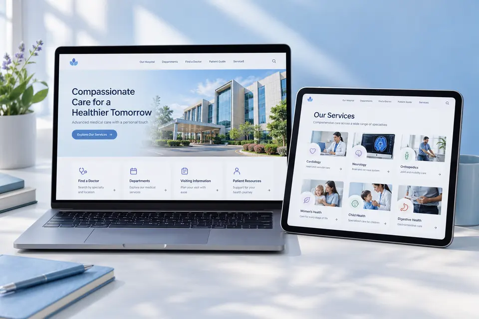 Hospital website on laptop and tablet in a studio mockup.