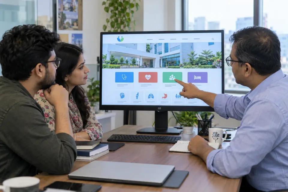 Hospital manager and website designers reviewing a hospital services page