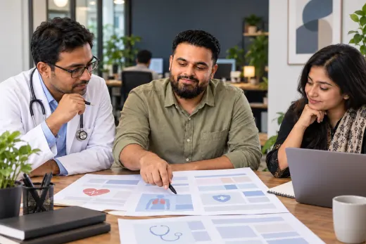 Planning doctor content with clinical review Hridoy Chowdhury, a doctor and content specialist reviewing educational page ideas at an agency