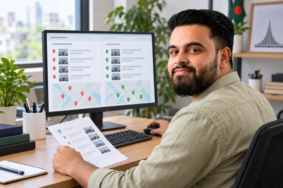 Hridoy Chowdhury comparing chamber listing details at an agency workstation Hridoy Chowdhury comparing chamber listing details at an agency workstation