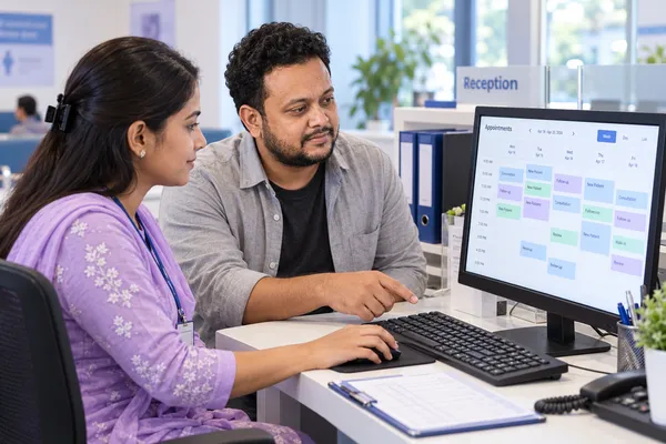 Sirajul Islam explains an appointment management system to a receptionist in a clinic administration office.