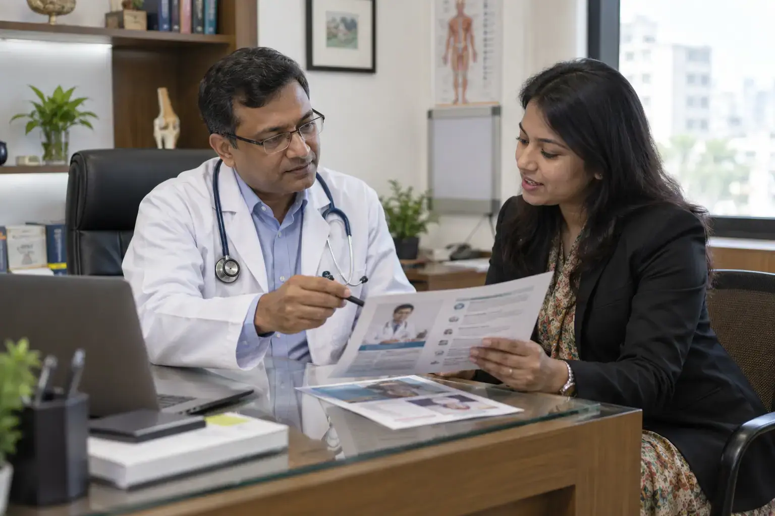 Independent doctor and communications adviser reviewing chamber information