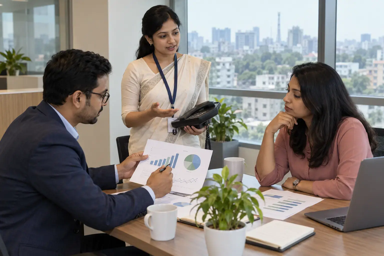 Healthcare marketing team comparing channel reports and separate phone enquiries Healthcare marketing team comparing channel reports and separate phone enquiries