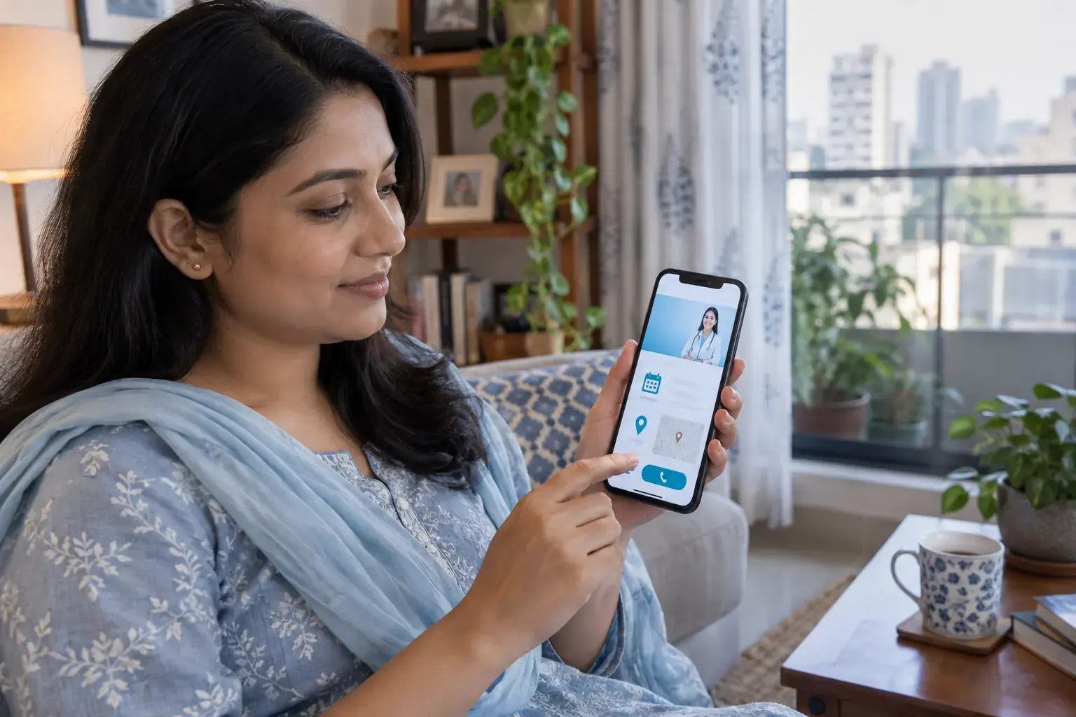 Woman checking a healthcare service and contact page on her phone at home Woman checking a healthcare service and contact page on her phone at home