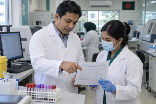 Reviewing a pathology report in the lab Laboratory supervisor and technician checking a report before release