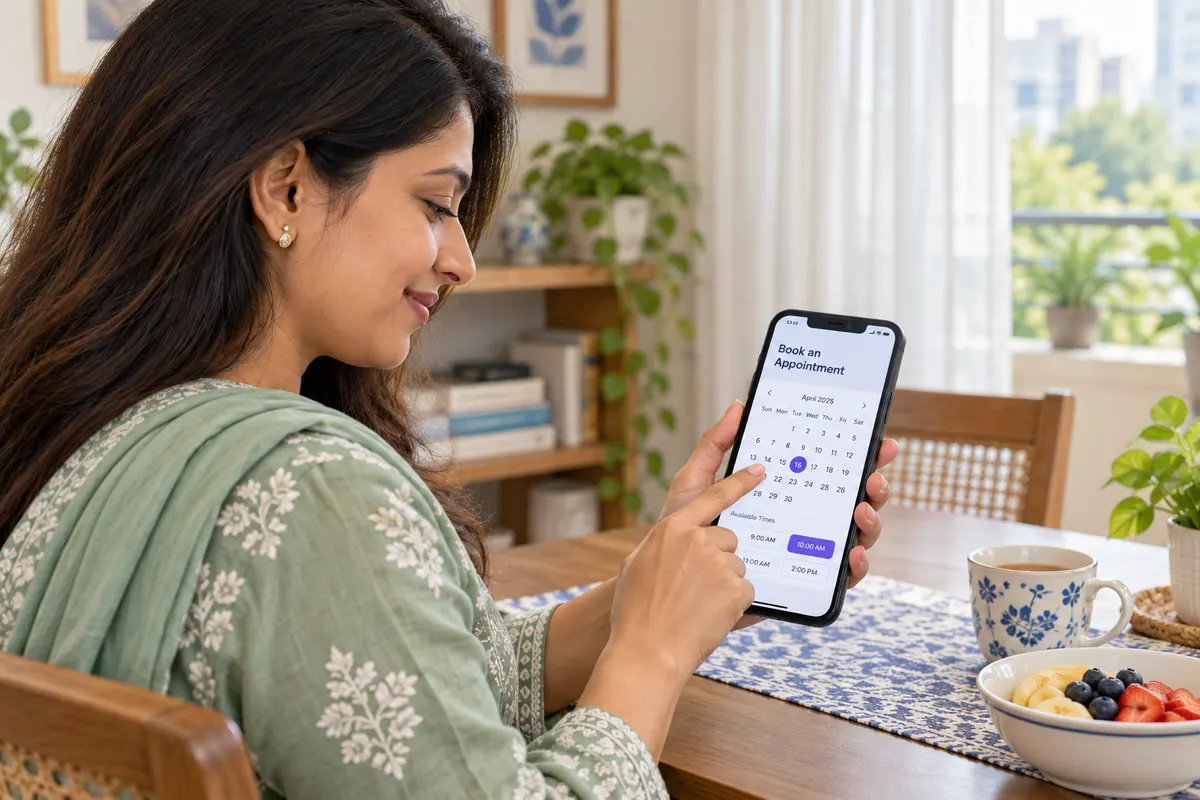 A Bangladeshi woman selects an appointment date on her smartphone at her home dining table.