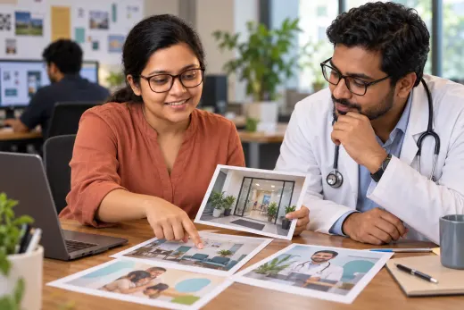 Planning responsible doctor Facebook ads Monwara Moni and a doctor reviewing chamber photographs for a paid Facebook campaign