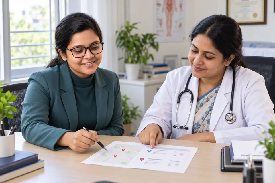 Monwara Moni and a doctor reviewing two chamber locations in the doctor's office Monwara Moni and a doctor reviewing two chamber locations in the doctor's office