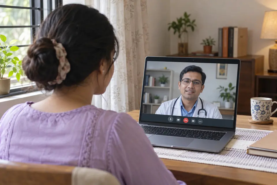 A woman speaking to a doctor through a laptop video call from home A woman speaking to a doctor through a laptop video call from home