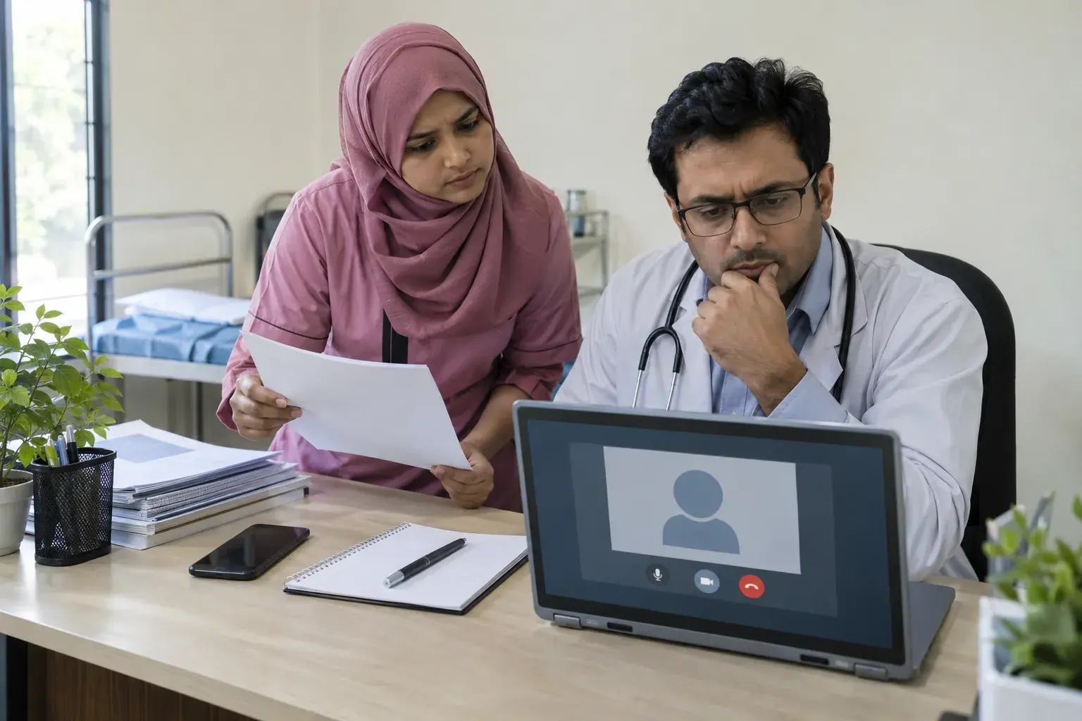 Doctor and assistant checking an online consultation setup Doctor and assistant checking an online consultation setup
