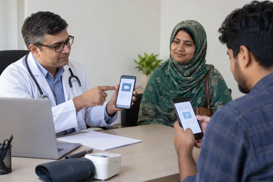 Doctor demonstrating online consultation access on a phone Doctor demonstrating online consultation access on a phone