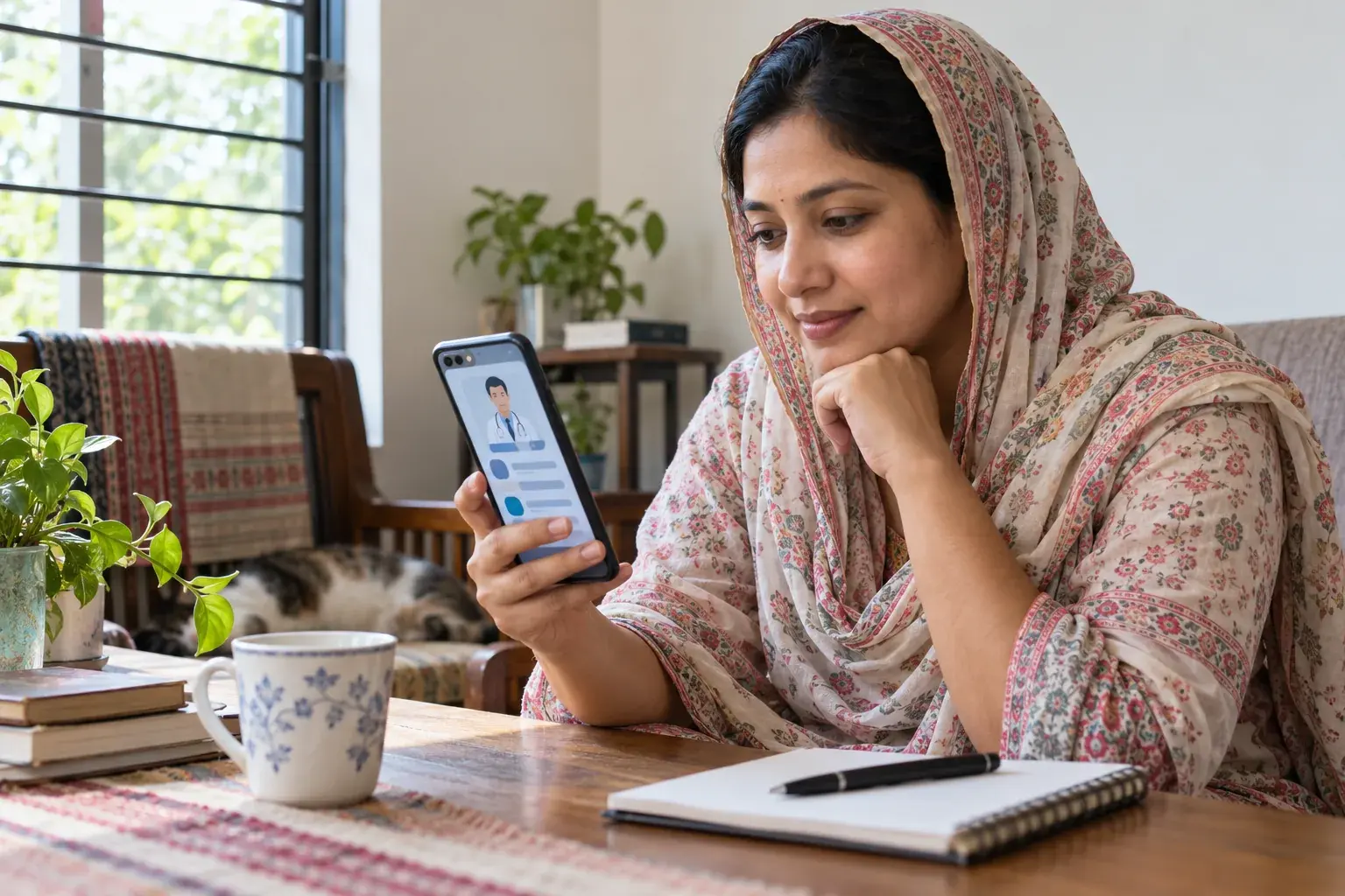 Woman viewing an online consultation option on her phone at home Woman viewing an online consultation option on her phone at home