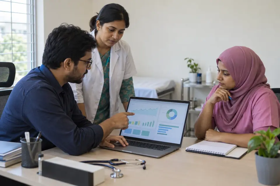 Doctor and team reviewing online consultation records Doctor and team reviewing online consultation records