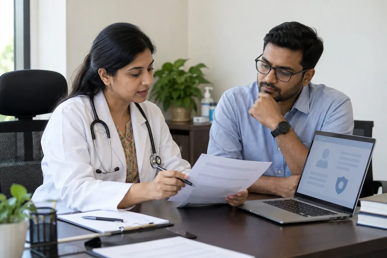 Doctor and specialist reviewing online consultation privacy details Doctor and specialist reviewing online consultation privacy details