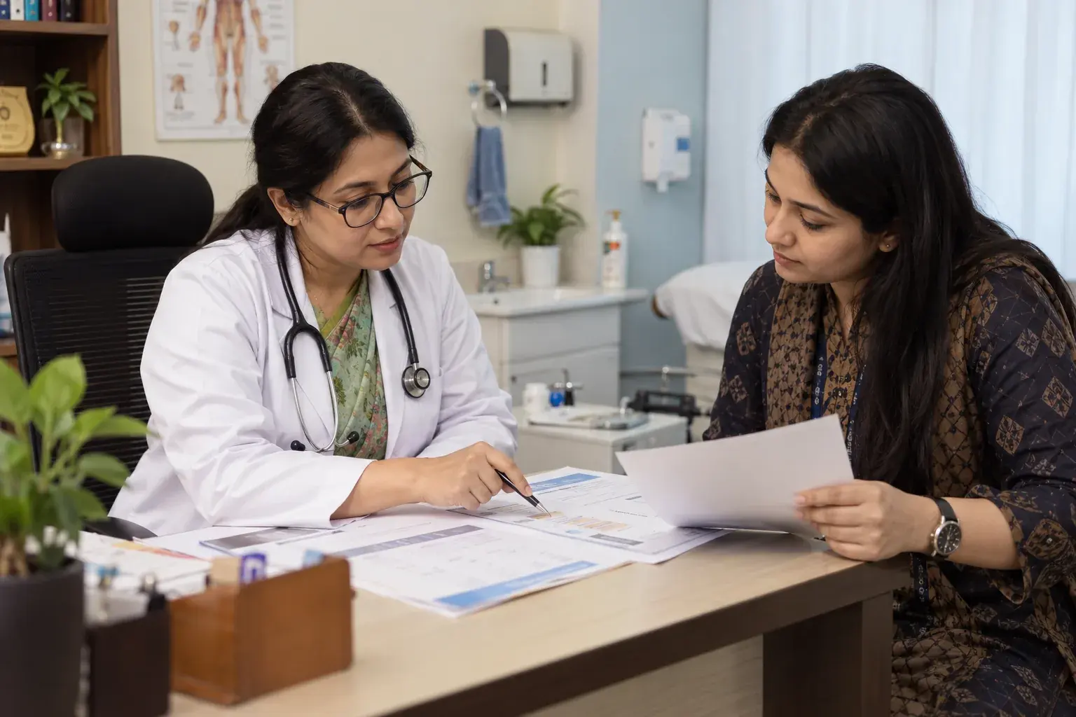 Verifying doctor chamber details together Doctor and digital strategist reviewing printed chamber details at a doctor's office