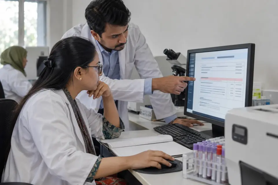 Laboratory team checking a result against a digital report Laboratory team checking a result against a digital report