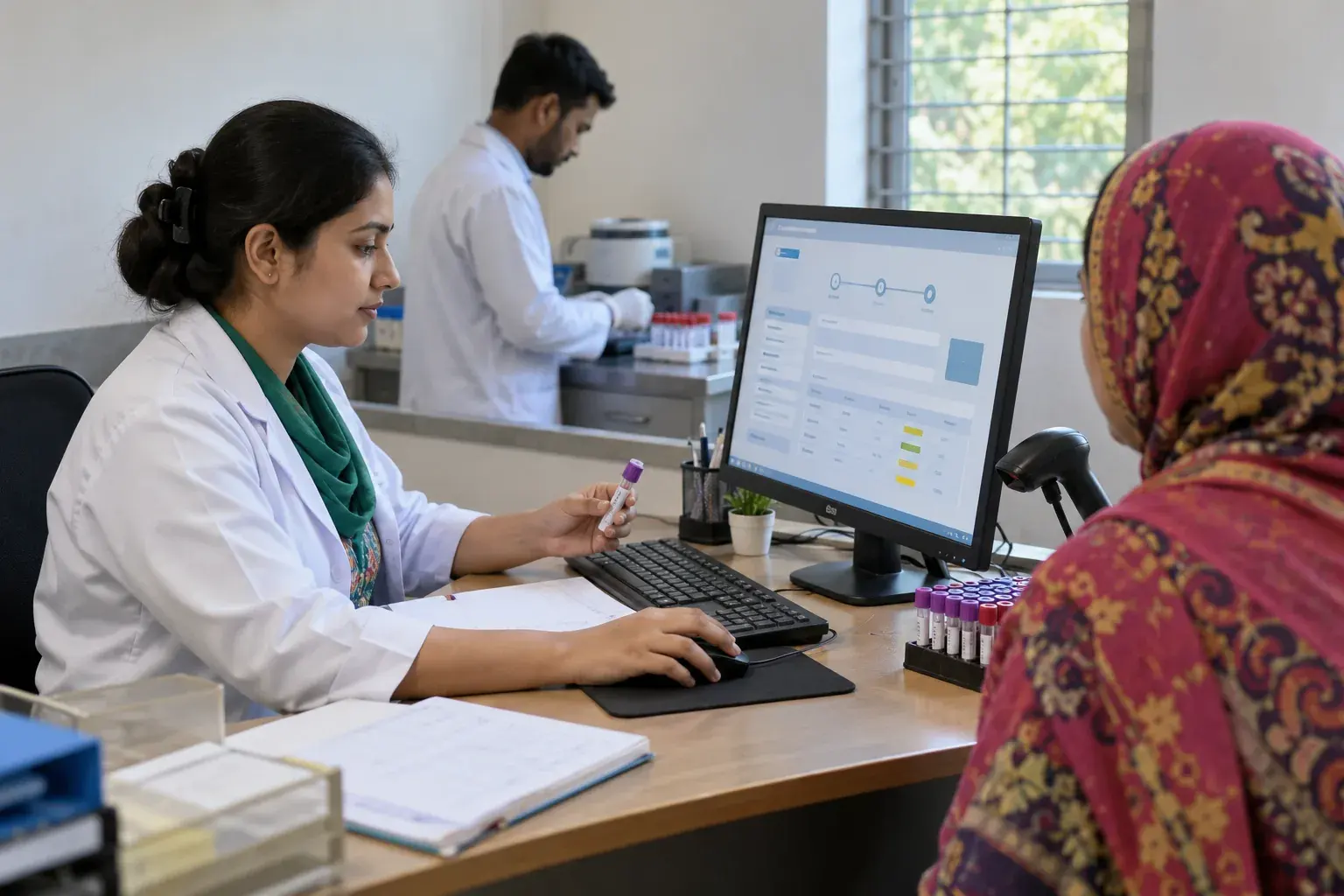 Laboratory staff checking a pathology report on a front-facing monitor Laboratory staff checking a pathology report on a front-facing monitor