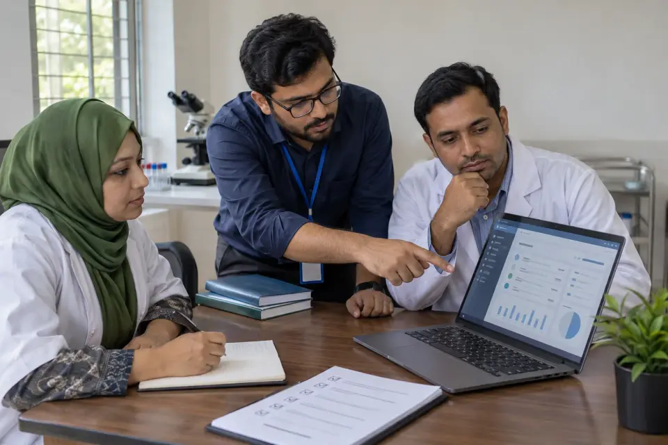 Laboratory team reviewing pathology report records Laboratory team reviewing pathology report records